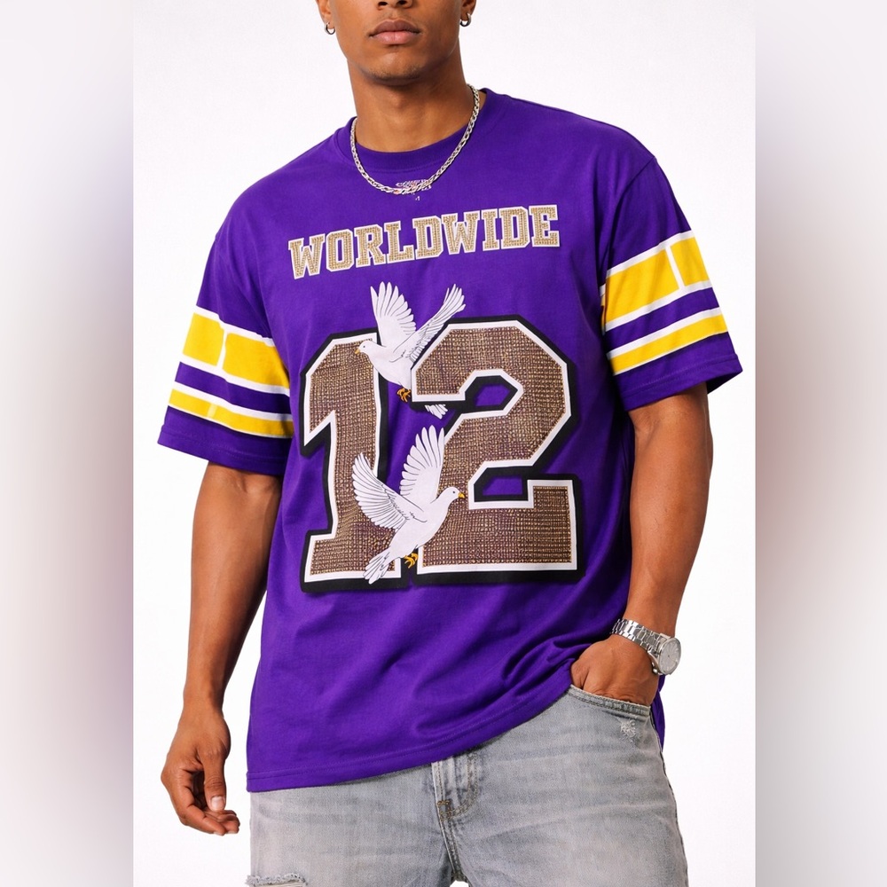 Copper Rivet Worldwide 12 Graphic T-Shirt Purple Gold‎ Studded Tee men’s medium